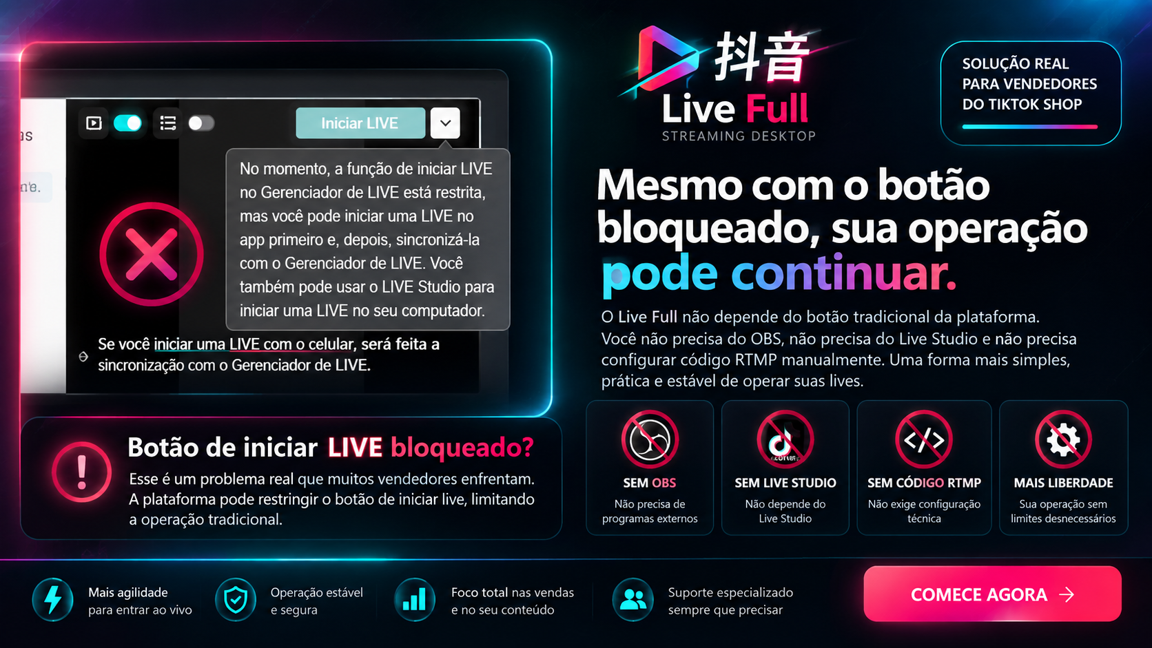 Demonstração do botão de iniciar LIVE bloqueado e da operação Live Full sem dependência de OBS, Live Studio ou utilização de RTMP